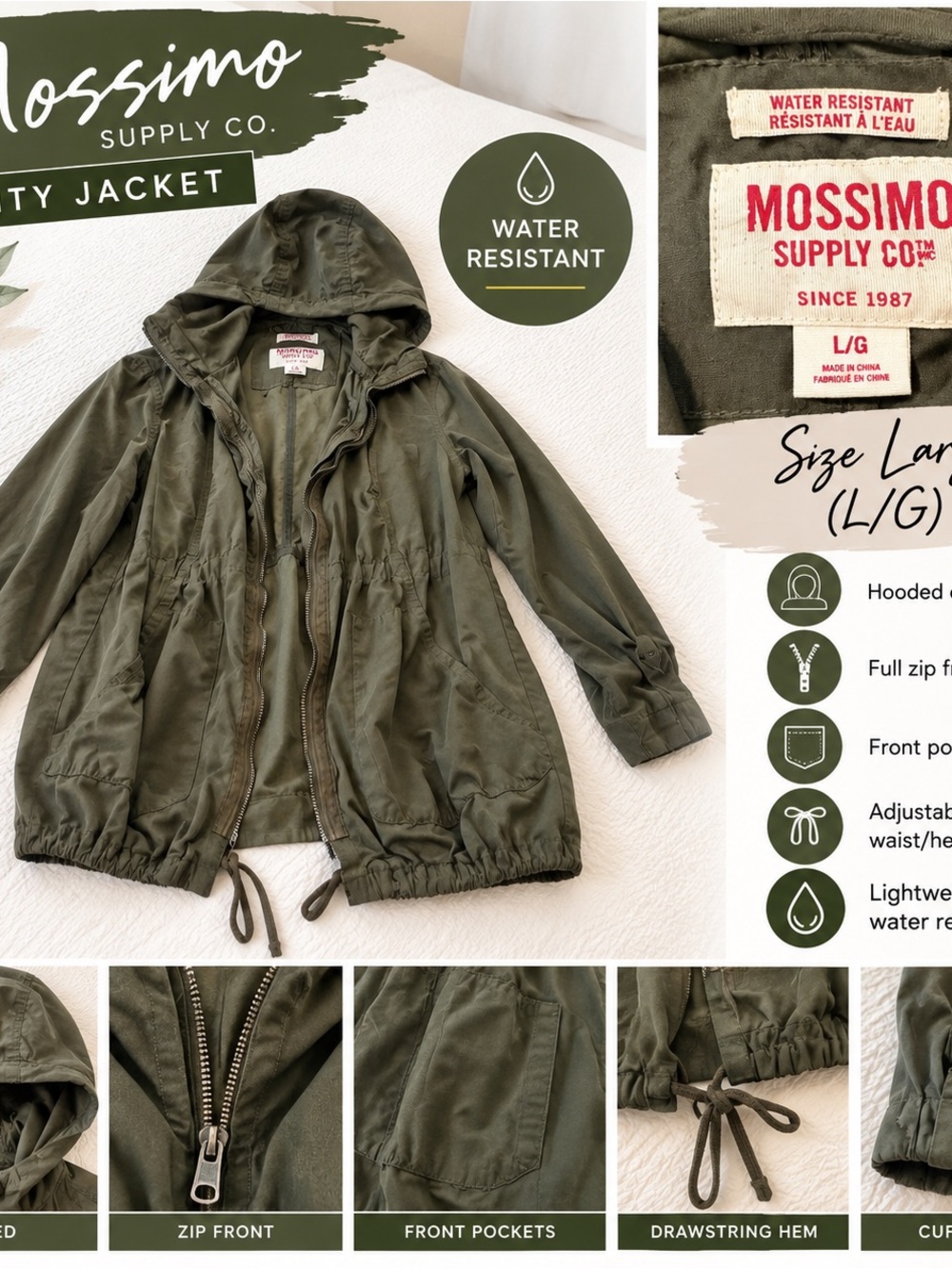 Mossimo Olive Green Hooded Utility Jacket Size Large